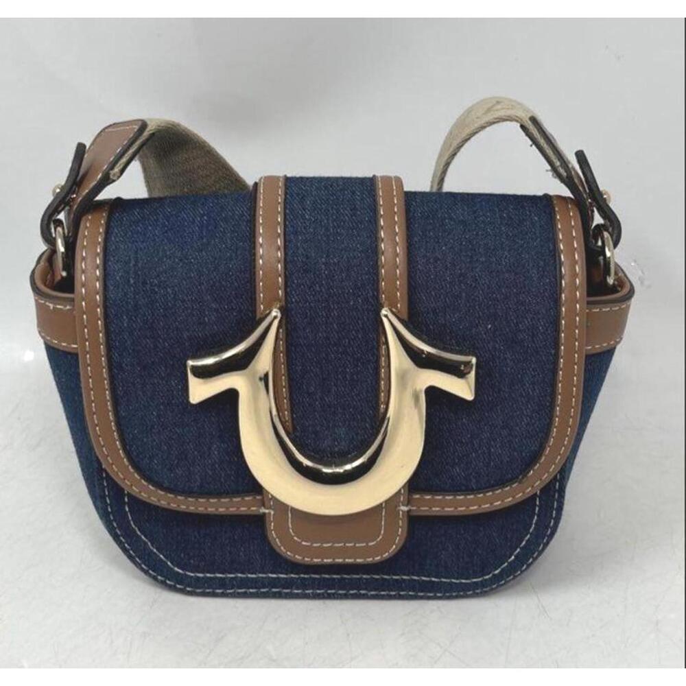 True Religion Denim Crossbody Bag with Brown Leather Trim and Beige Strap